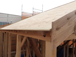 屋根瓦の下地板に12mmの構造用合板を採用しています。屋根全面に構造用合板を敷き詰め、風等によって起こる屋根面のねじれを抑える効果があります。また、剛床工法を組み合わせる事で水平剛性が格段と上がります。