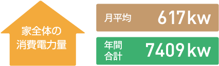 家全体の消費電力量月平均617kw年間合計7409kw